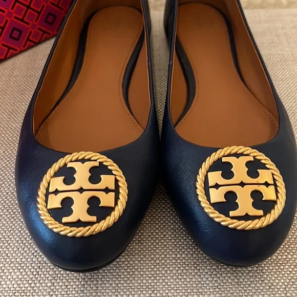 Tory Burch Benton 2 Ballet Flat Nappa Leather Royal Navy Rolled Brass 7.5 NWT - Picture 5 of 14